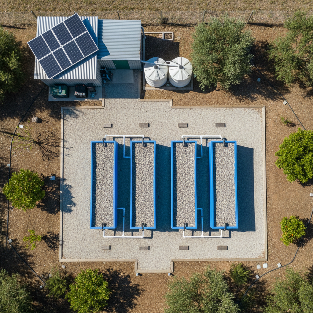 A bird’s-eye, photographic view of a small off-grid aquaponics demonstration site designed for sustainable education. The image reveals a tidy layout of multiple rectangular fish tanks and gravel grow beds arranged in a clear, logical pattern on a compact plot. Narrow gravel paths wind between beds, with small, non-text signage boards indicated only by neutral plaques. Solar panels and a simple battery shed anchor one corner, while a rainwater collection roof channels into storage tanks. The surrounding area features native shrubs and a few young fruit trees, suggesting a developing permaculture system. Bright midday sunlight illuminates the entire scene, creating crisp shadows that accentuate geometry and organization. The mood is informative, orderly, and forward-thinking, highlighting scalable design and practical learning for sustainable survival.