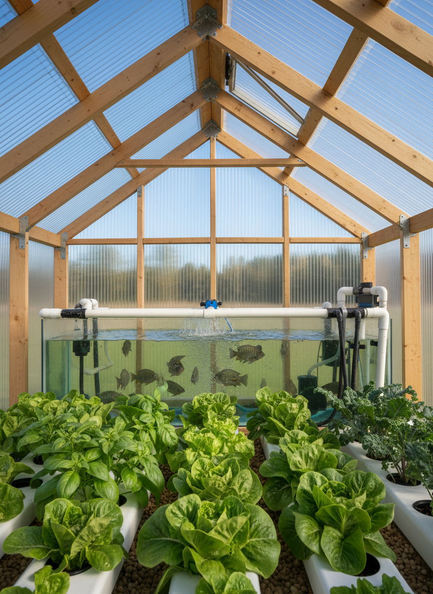 A large, meticulously designed off-grid aquaponics greenhouse captured in photographic realism. In the foreground, deep green lettuce, basil, and kale erupt from clean, white media beds, their leaves crisp and moisture-beaded. Below, a clear rectangular fish tank reveals healthy tilapia gliding through aerated, crystal water, pipes and biofilters neatly arranged. The structure is framed by translucent polycarbonate panels and a simple wooden frame, set in a rural clearing with distant trees. Soft morning sunlight diffuses through the roof, casting gentle highlights on leaves and subtle reflections on the water. Shot at eye level with sharp focus throughout, the mood is professional, efficient, and hopeful, emphasizing sustainable survival and self-reliant food production.