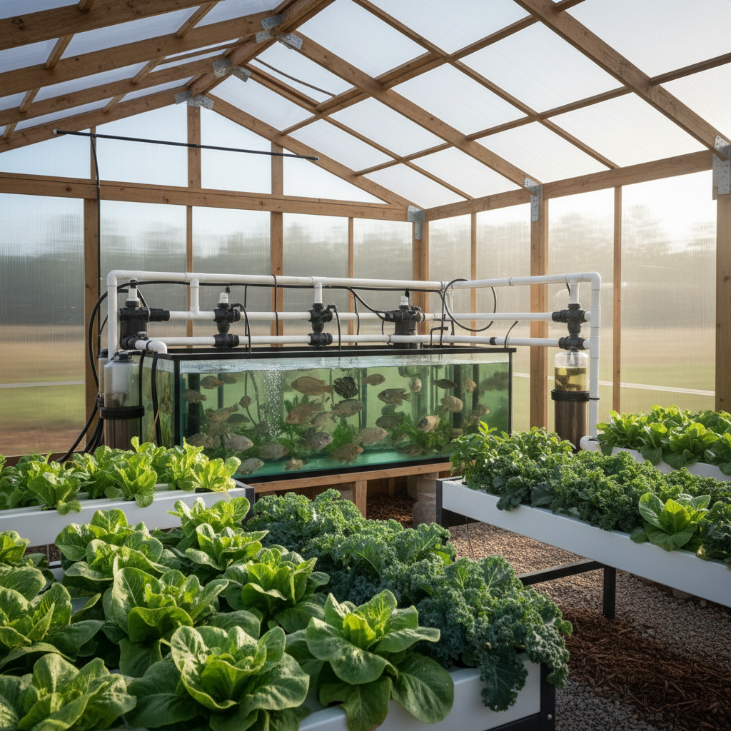 A large, meticulously designed off-grid aquaponics greenhouse captured in photographic realism. In the foreground, deep green lettuce, basil, and kale erupt from clean, white media beds, their leaves crisp and moisture-beaded. Below, a clear rectangular fish tank reveals healthy tilapia gliding through aerated, crystal water, pipes and biofilters neatly arranged. The structure is framed by translucent polycarbonate panels and a simple wooden frame, set in a rural clearing with distant trees. Soft morning sunlight diffuses through the roof, casting gentle highlights on leaves and subtle reflections on the water. Shot at eye level with sharp focus throughout, the mood is professional, efficient, and hopeful, emphasizing sustainable survival and self-reliant food production.
