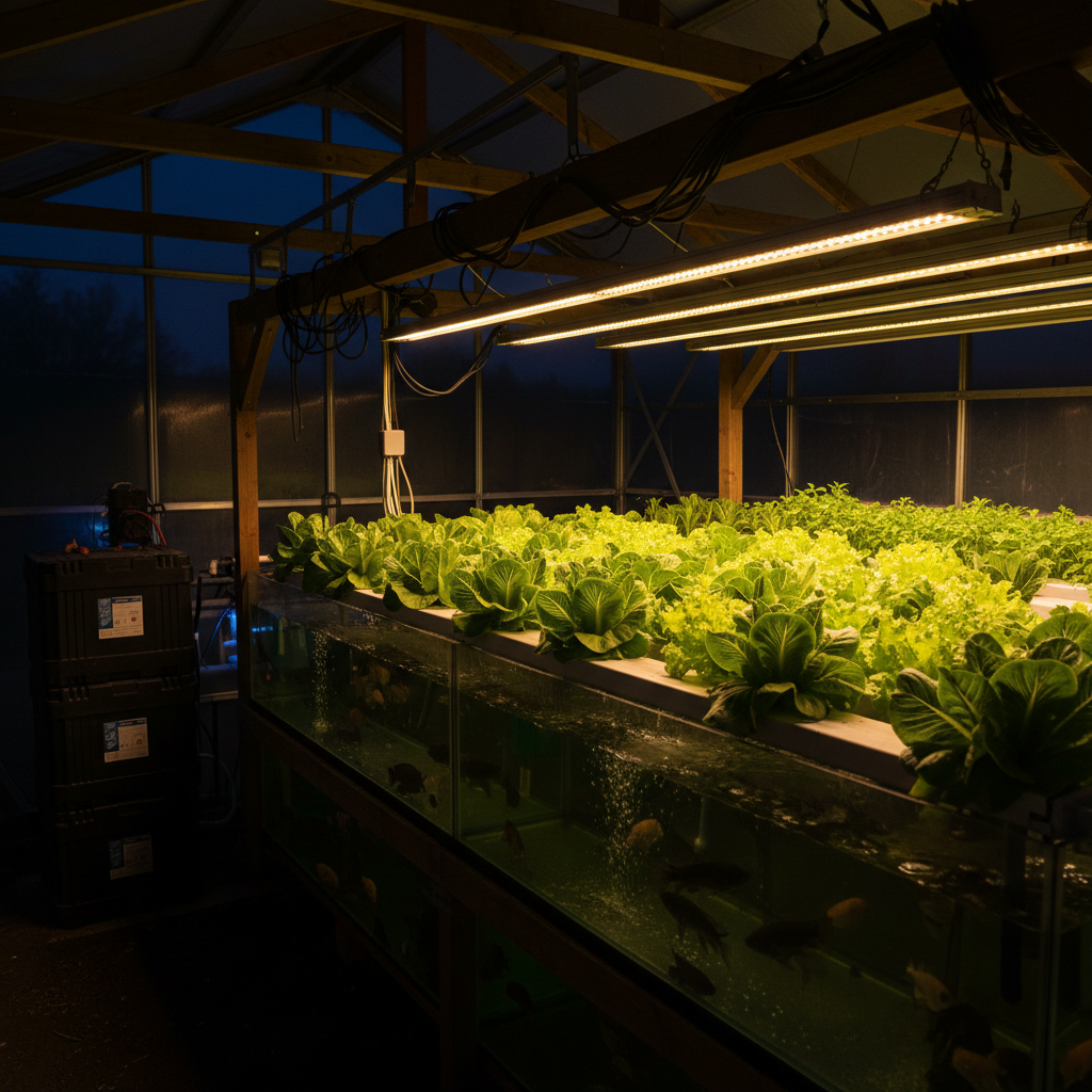 A night-time, off-grid aquaponics setup illuminated only by warm, efficient LED grow lights and a subtle glow from a nearby battery bank, rendered in realistic photography. The focus is on rows of vibrant green lettuce and herbs in deep-water culture rafts, their leaves glowing against the dark surroundings. Below the beds, faintly lit fish tanks reveal silhouettes of fish moving through gently aerated water. Overhead, structural beams and neatly routed cables hint at robust construction. Outside the greenhouse walls, darkness and a faint outline of trees emphasize isolation and independence. Captured from a low, slightly angled perspective with moderate depth of field, the scene feels secure, self-contained, and quietly powerful, showcasing reliable food production even when completely off the grid.