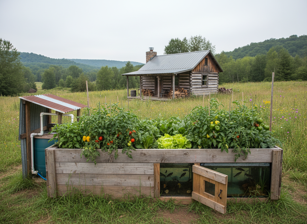 A rugged off-grid survival homestead centered around a medium-sized aquaponics system, captured in realistic outdoor photography. In the foreground, a sturdy wooden grow bed brims with tomatoes, peppers, and leafy greens rooted above a concealed fish tank, with a small access hatch slightly open to reveal clear water and darting fish. Nearby, a basic rainwater catchment system feeds into the setup, while a modest cabin and stacked firewood sit in the background. The landscape is slightly wild, with native grasses and distant hills. Overcast, diffused light softens the scene, creating gentle, even illumination without harsh shadows. Framed using the rule of thirds with a moderate depth of field, the image conveys resilience, preparedness, and harmonious integration of food production into off-grid survival living.
