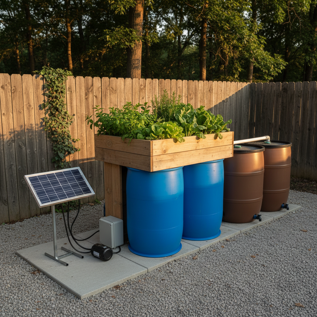 A compact backyard aquaponics system optimized for off-grid living, rendered in photographic realism. The scene shows two sturdy blue barrels converted into fish tanks beneath a raised wooden grow bed overflowing with herbs and leafy greens. A small solar panel array stands beside the system, connected to a quiet pump and battery box, all neatly organized on a gravel pad. Surrounding the setup are simple rainwater collection barrels and a backdrop of rustic fencing and trees. Late afternoon golden hour light creates warm highlights on the plants and soft shadows around the barrels, evoking a calm, resilient atmosphere. Captured from a slightly elevated angle with balanced composition, the image communicates practical, small-scale self-sufficiency and robust, low-tech design.