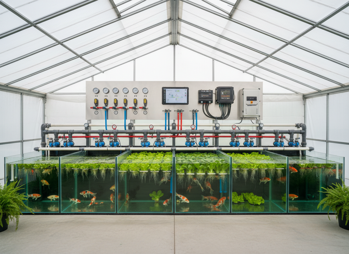 An interior view of a highly efficient, modern aquaponics control hub inside an off-grid greenhouse, in clean photographic realism. The main focus is a well-organized row of fish tanks and deep-water culture beds, each labeled with color-coded valves, sensors, and tidy plumbing. Clear water reveals vibrant fish, while rafts support lush, uniform rows of lettuce and bok choy. On the wall behind, analog gauges and a simple tablet-sized screen display system metrics, all powered by a compact off-grid power box. Overhead, diffused daylight streams through the transparent roof, creating a bright but soft, shadow-free environment. Shot from a wide, eye-level perspective with sharp focus, the mood is methodical, professional, and reassuring, highlighting reliability, monitoring, and sustainable food security.
