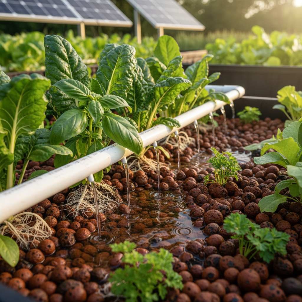 A close-up, high-detail photographic image of a thriving aquaponic grow bed designed for long-term sustainability. The camera focuses on a section of expanded clay pebbles supporting robust chard, basil, and parsley, their roots subtly visible where the media parts around them. Between the plants, clean PVC piping delivers nutrient-rich water from an unseen fish tank, with a gentle trickle creating tiny ripples on the moist surface. In the softly blurred background, glimpses of solar-powered equipment and another grow bed hint at a larger off-grid system. Soft side lighting from late morning sun creates delicate highlights on glossy leaves and subtle texture on the clay media. The mood is precise, calm, and fertile, emphasizing plant health, nutrient cycles, and the quiet reliability of a well-tuned aquaponics system.